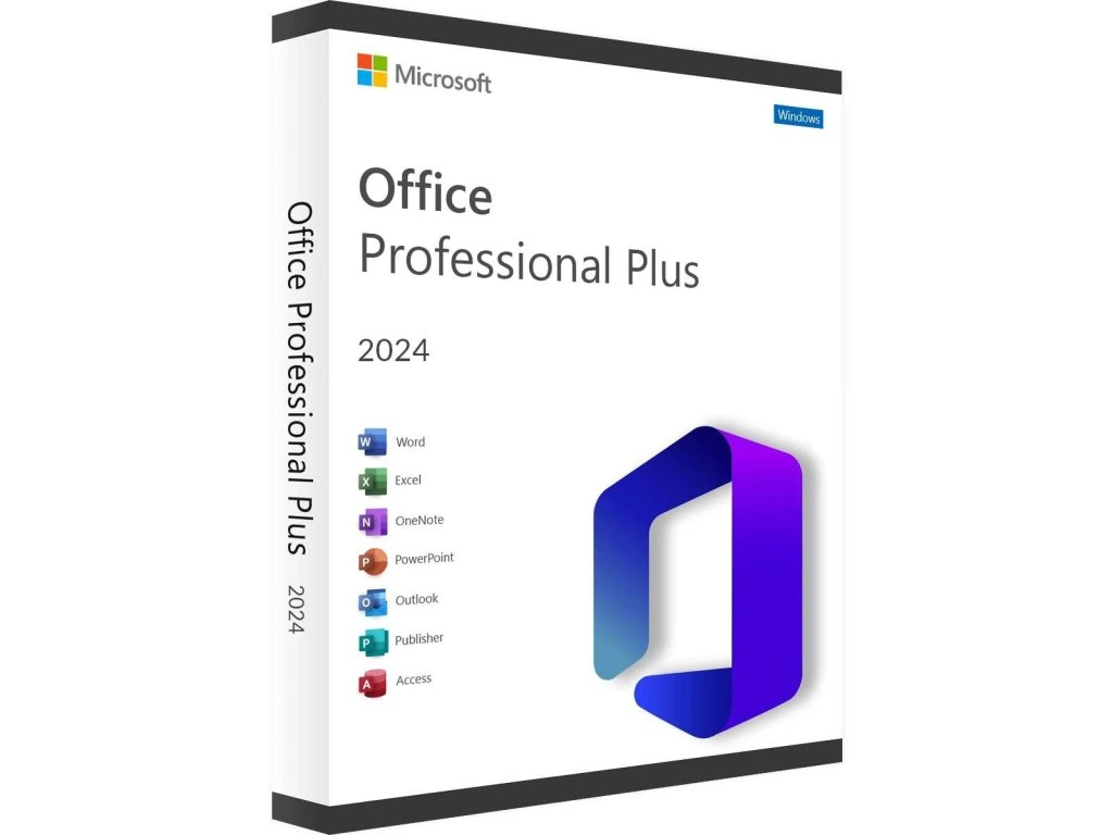 Boîte Office 2024 Professional Plus avec logo Office et les noms Word, Excel, OneNote, PowerPoint, Outlook, Publisher, Access sur fond blanc.