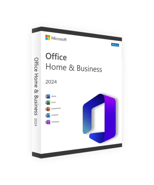Boîte 3D d'Office 2024 Home & Business avec logo Office et icônes Word, Excel, PowerPoint, Outlook, OneNote sur fond blanc.