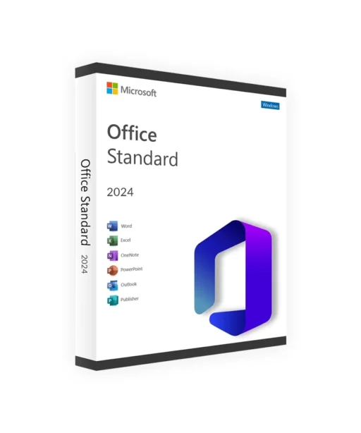 Boîte logiciel Office 2024 Standard avec logo Office et icônes Word, Excel, OneNote, PowerPoint, Outlook et Publisher sur fond blanc.