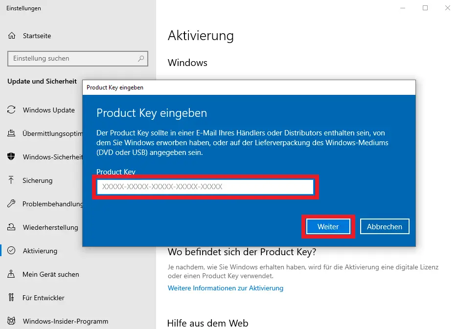 Capture d'écran de la fenêtre d'activation dans les paramètres de Windows. Le champ de saisie de la clé de produit est mis en évidence, ainsi que les boutons 'Suivant' et 'Annuler'