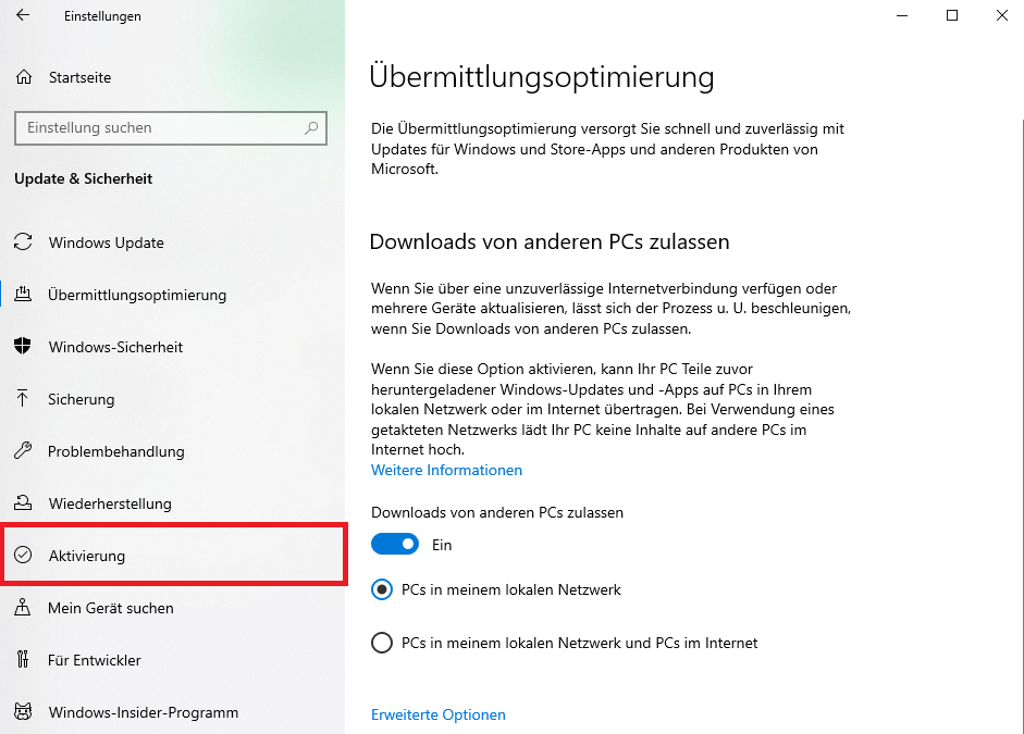 Capture d'écran des paramètres de Windows mettant en évidence l'option 'Activation' dans le menu 'Mise à jour et sécurité'. La section 'Optimisation de la distribution' est ouverte sur la droite.