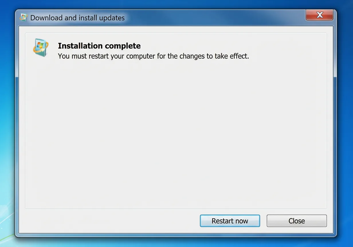 Capture d'écran de la fenêtre d'installation de Windows Update avec le message « Installation terminée ». L'utilisateur est invité à redémarrer l'ordinateur pour que les modifications soient prises en compte.