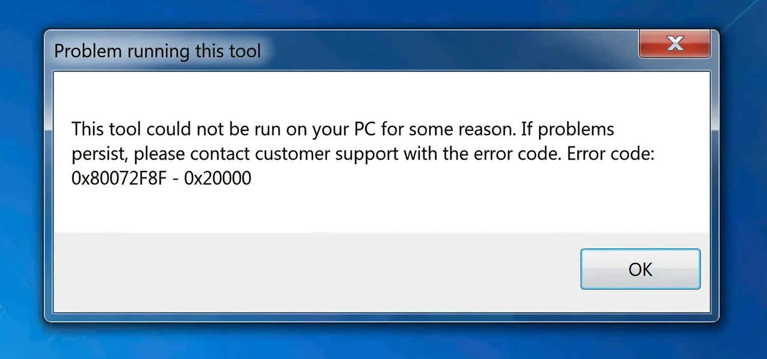 Capture d'écran d'un message d'erreur dans Windows indiquant : « Un problème s'est produit lors de l'exécution de cet outil », avec le code d'erreur 0x80072F8F – 0x20000. Cette erreur se produit souvent lors de l'exécution de l'Outil de création de support sur Windows 7 ou Windows 8.