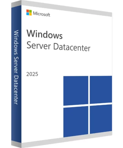 Boîte du logiciel Windows Server 2025 Datacenter avec nom du produit et logo bleu sur fond blanc, version officielle à découvrir.