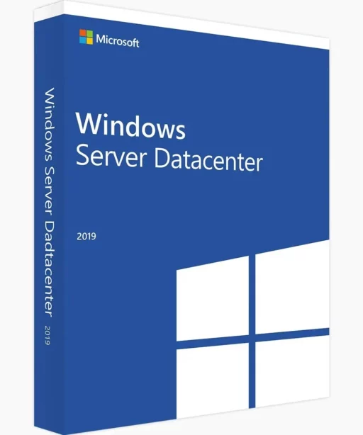 Boîte de Windows Server 2019 Datacenter, design bleu et blanc, logo Windows et nom du produit visibles sur la face avant et la tranche.