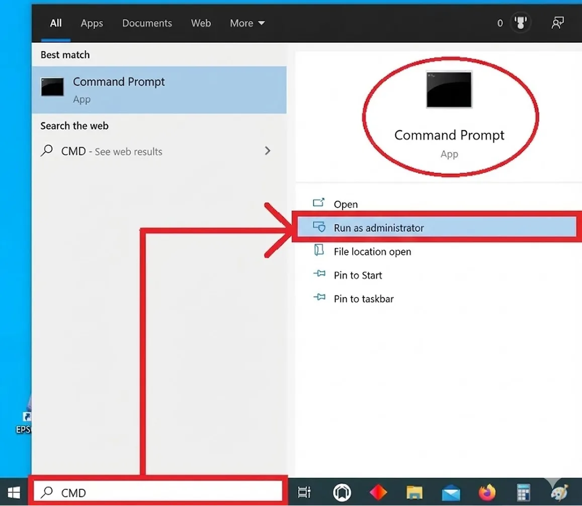 Capture d'écran de la recherche Windows avec le terme de recherche 'CMD'. L'Invite de commandes s'affiche comme la meilleure correspondance, et l'option 'Exécuter en tant qu'administrateur' est mise en évidence pour lancer CMD avec des droits d'administration.