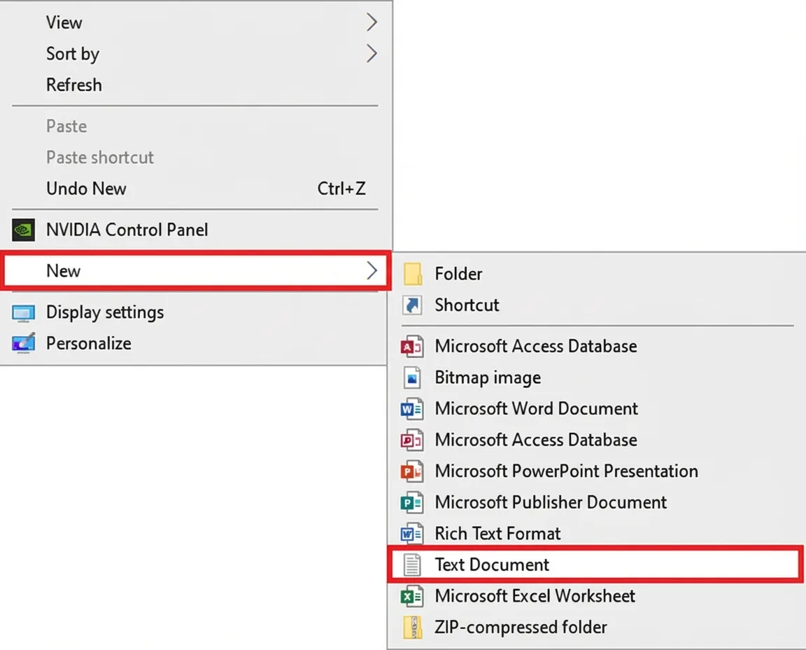 Capture d'écran d'un menu contextuel de Windows après un clic droit sur le bureau. L'option « Nouveau » est mise en évidence, tout comme la sélection « Document texte » pour créer un nouveau fichier texte.