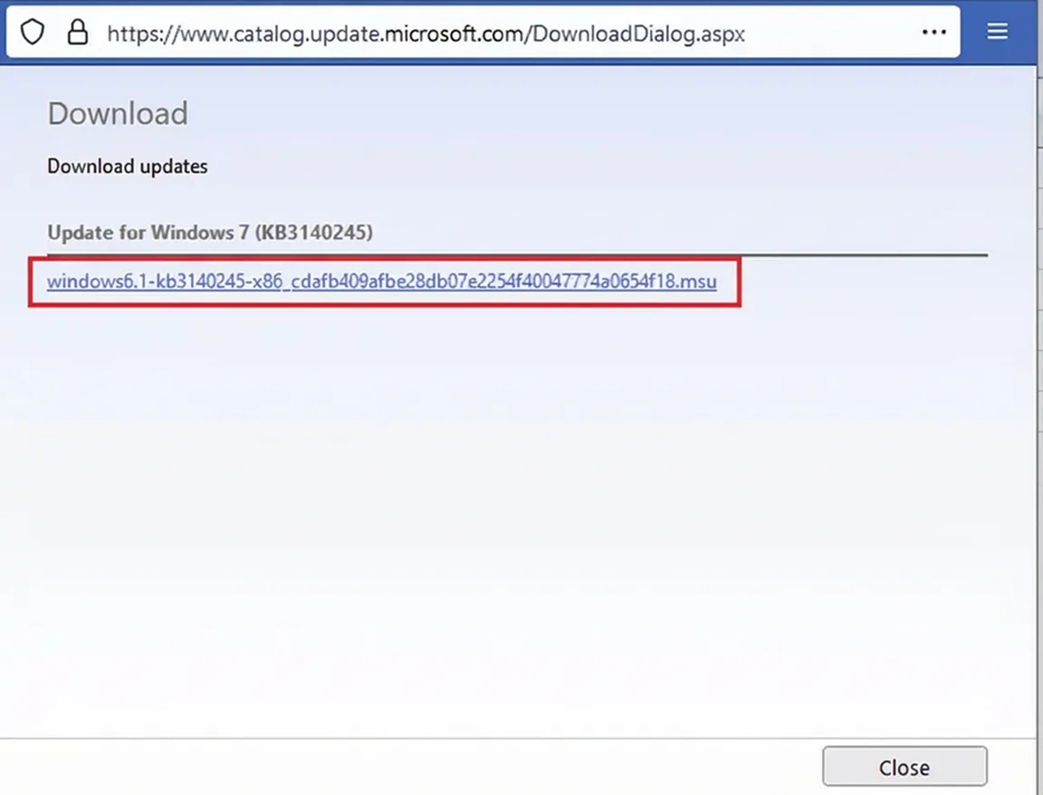 Capture d'écran du catalogue Microsoft Update avec le lien de téléchargement pour la mise à jour Windows 7 KB3140245. Cette mise à jour est requise pour activer TLS 1.2 sur Windows 7.
