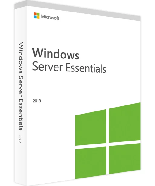 L'emballage de Windows Server 2019 Essentials affiche le logo Microsoft, le nom du produit et un motif de fenêtre verte sur fond blanc.