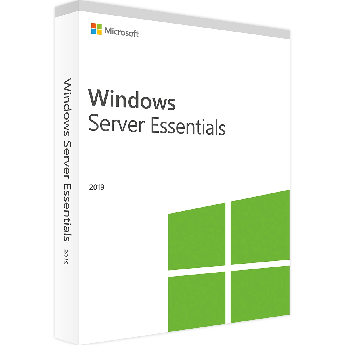 L'emballage de Windows Server 2019 Essentials affiche le logo Microsoft, le nom du produit et un motif de fenêtre verte sur fond blanc.