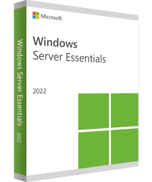 Boîte Windows Server 2022 Essentials sur fond blanc, texte vert et logo Windows vert bien visible en façade.