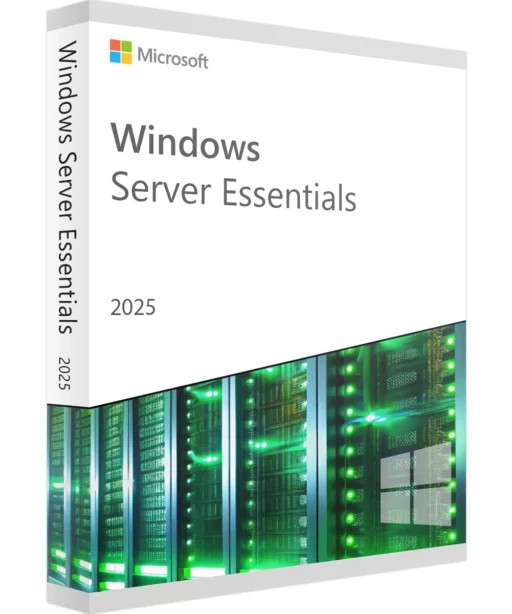 Boîte commerciale de Windows Server 2025 Essentials avec nom du produit sur fond blanc et photo de serveurs lumineux en bas.