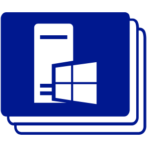 Icône d'une tour d'ordinateur et du logo Windows blancs sur fond bleu, deux rectangles superposés évoquant plusieurs fenêtres.