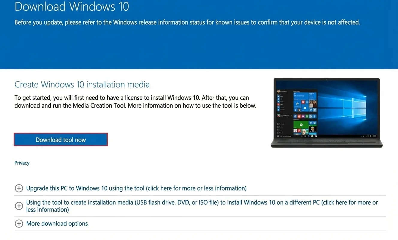 Capture d'écran du site officiel de Microsoft avec la page de téléchargement de l'Outil de création de support de Windows 10. Le bouton « Télécharger l'outil maintenant » est mis en évidence pour démarrer l'outil d'installation pour Windows 10.