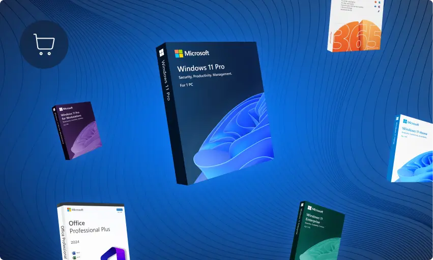 Illustration de boîtes logicielles Microsoft (Windows 11 Pro, Microsoft 365, Office Pro Plus, Server) sur fond bleu ondulé avec icône panier.