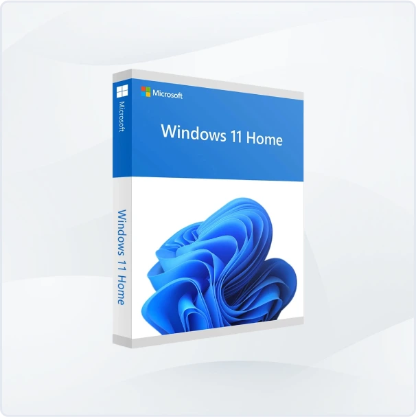 Boîte de vente Microsoft Windows 11 Home avec logo bleu abstrait et nom du produit en blanc sur fond bleu, posée sur fond clair.