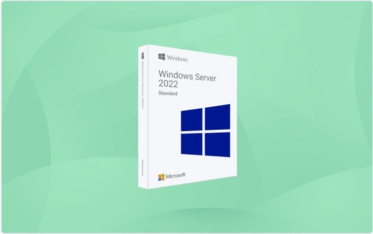 Boîte 3D de Microsoft Windows Server 2022 Standard, à couverture blanche et logo bleu, sur fond vert abstrait.