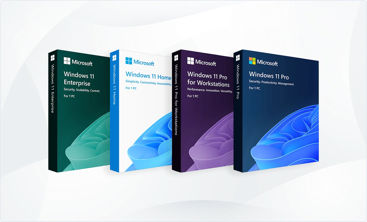 Quatre boîtes de Windows 11 (Enterprise, Home, Pro Workstations, Pro) alignées sur fond clair, couleurs et icônes distinctes.