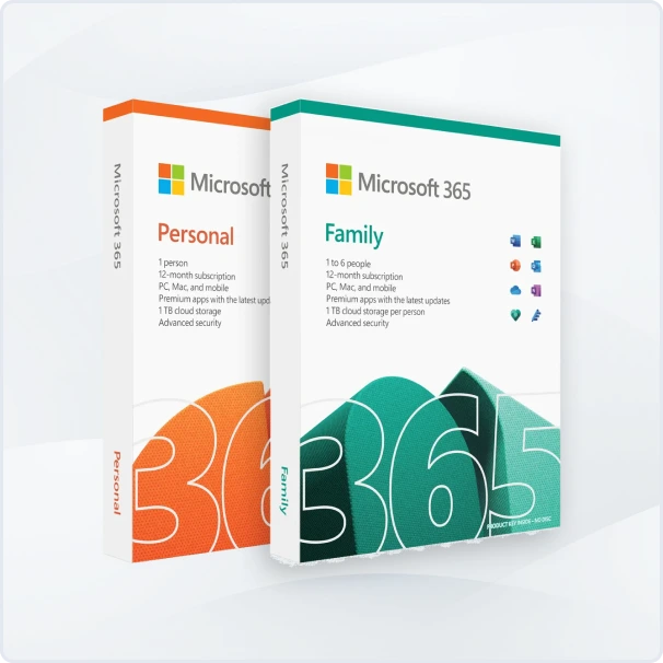 Deux boîtes Microsoft 365 : édition Personnelle orange pour 1 utilisateur, édition Famille verte pour jusqu'à 6 personnes.