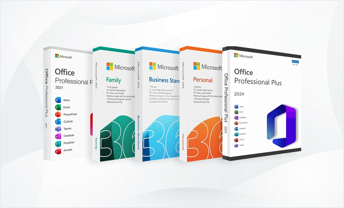 Quatre boîtes Microsoft Office alignées : Professional 2021, Famille, Business Standard, Personnel et Professional Plus 2024, avec couleurs et icônes d'applications distinctes.