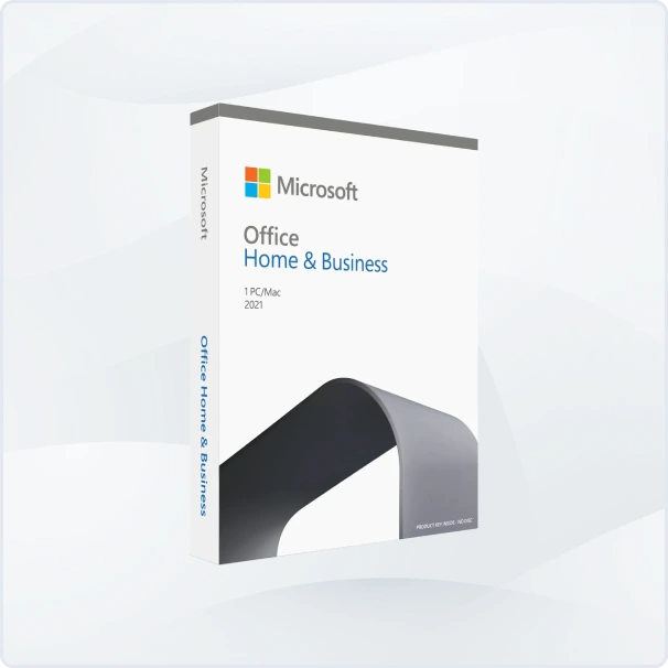 Boîte Microsoft Office Home & Business 2021 sur fond blanc, nom et logo, pour 1 PC ou Mac, design moderne et graphique.