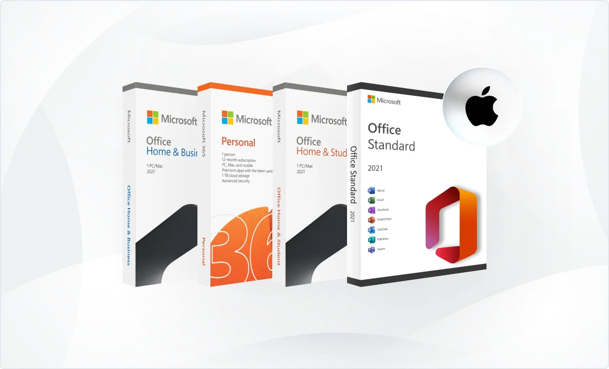 Trois boîtes de logiciels Microsoft Office (Home & Business, Personal, Home & Student) et une Office Standard 2021 Mac avec logo Apple.