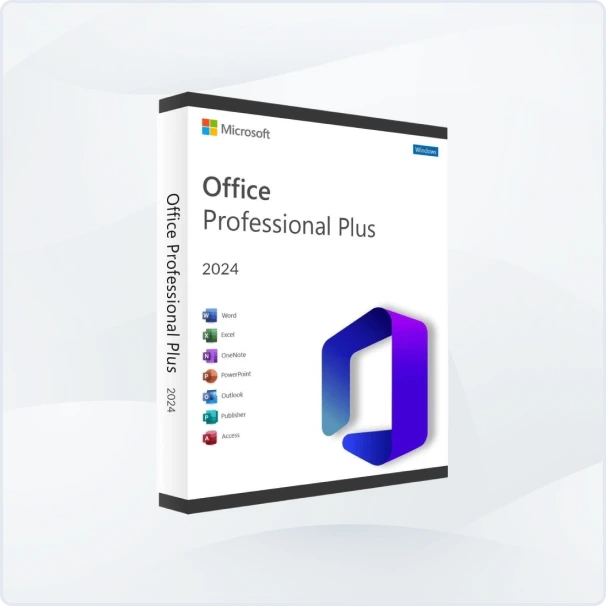 Boîte Microsoft Office Professional Plus 2024 avec logo Microsoft, nom du produit et icônes d'applis Word, Excel, PowerPoint, Outlook.