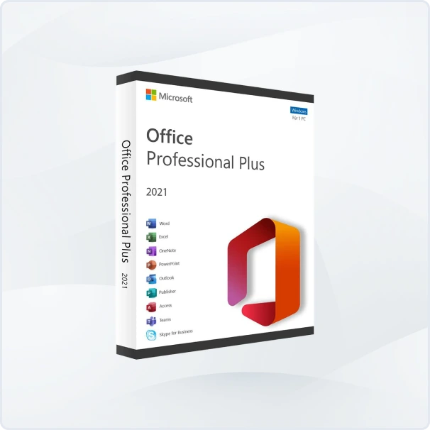 Boîte commerciale de Microsoft Office Professional Plus 2021 pour Windows, affichant logo, nom du produit et icônes Word, Excel, PowerPoint.