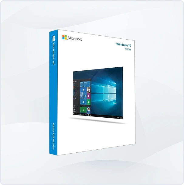 Boîte de Microsoft Windows 10 Home avec logo Windows, aperçu du bureau Windows 10 et marques sur fond blanc.