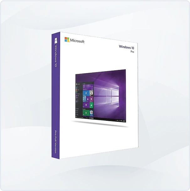 Boîte Microsoft Windows 10 Pro avec bande violette, affichant l'écran d'accueil et le bureau sur la couverture avant.