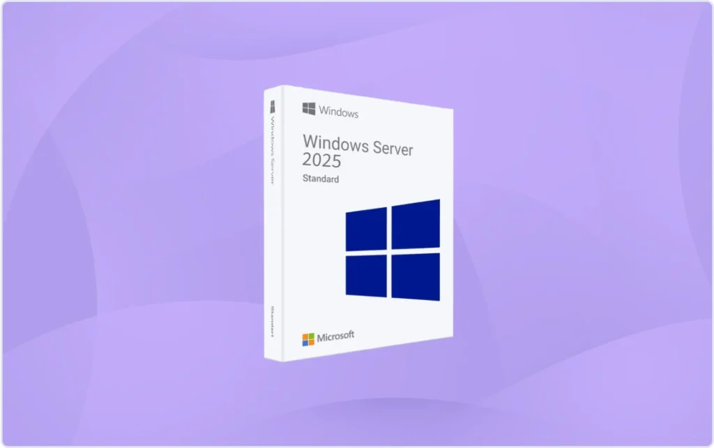 Une boîte commerciale de Windows Server 2025 Standard blanche, avec logo Windows et marque Microsoft, sur fond violet.