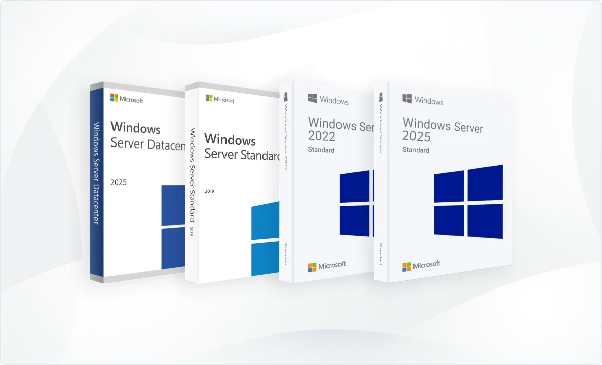 Quatre boîtes logicielles Windows Server (Datacenter 2025, Standard 2019, 2022 Standard, 2025 Standard) avec logos bleus.