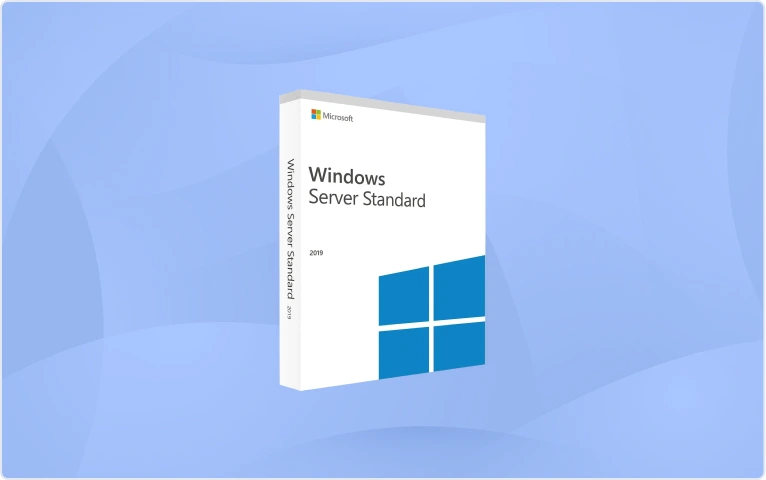 Représentation numérique d'une boîte Windows Server Standard 2019, logo Microsoft et Windows bleu sur fond bleu dégradé.