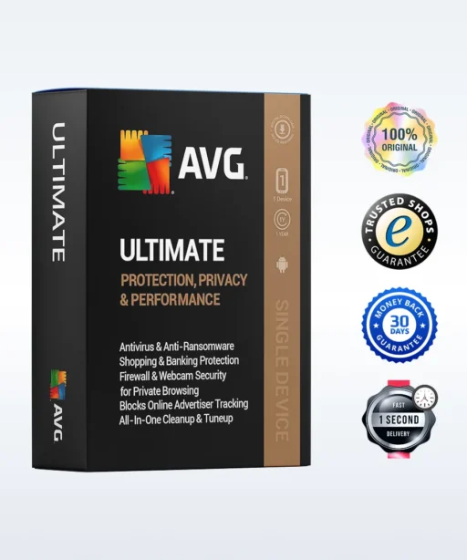 Boîte du logiciel AVG Ultimate pour un appareil, avec liste des fonctions et 4 badges : 100% original, certifié Trusted Shops, garantie 30 jours satisfait ou remboursé, livraison en 1 seconde.