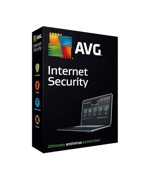 Boîte noire AVG Internet Security avec ordinateur portable, icônes de sécurité, de confidentialité et performance, logo AVG et slogan protection antivirus ultime.
