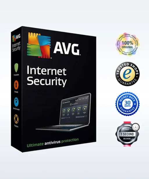 Boîte AVG Internet Security accompagnée de quatre badges : logiciel 100% original, garantie boutique fiable, remboursement 30 jours et livraison instantanée.