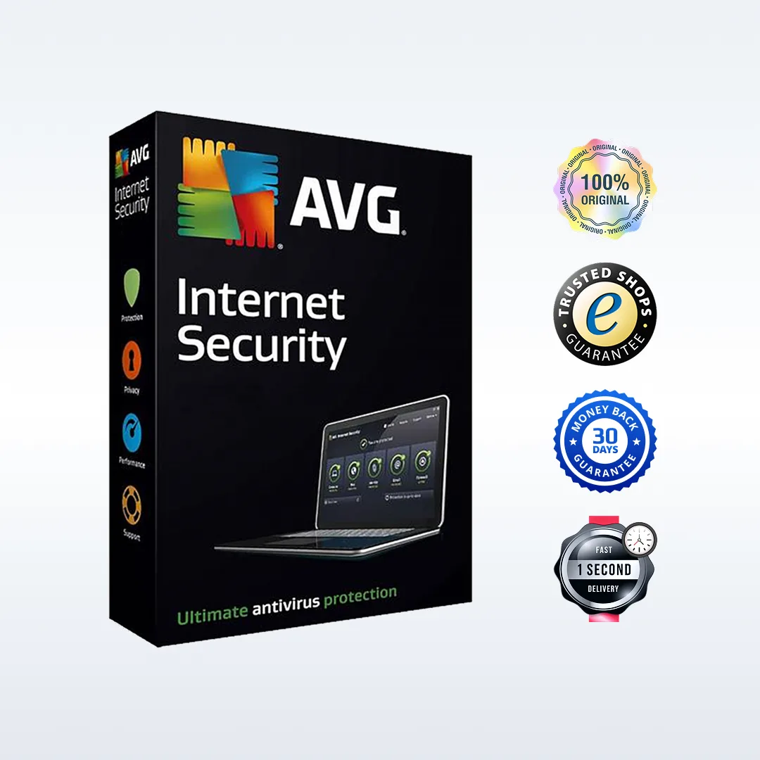 Boîte AVG Internet Security accompagnée de quatre badges : logiciel 100% original, garantie boutique fiable, remboursement 30 jours et livraison instantanée.
