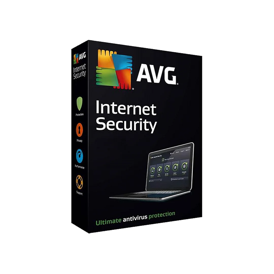 Boîte noire AVG Internet Security avec ordinateur portable, icônes de sécurité, de confidentialité et performance, logo AVG et slogan protection antivirus ultime.
