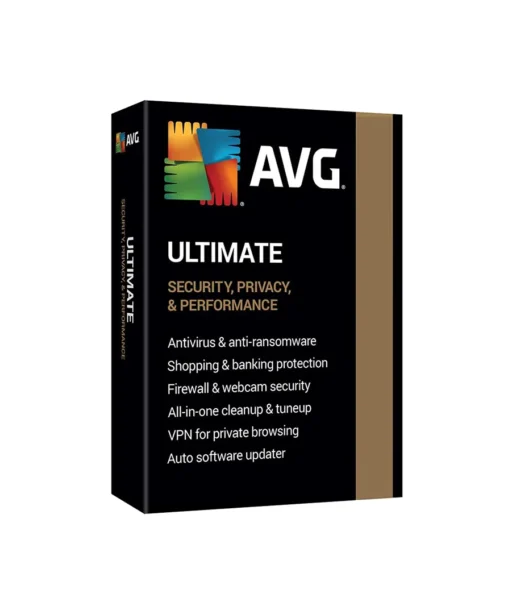 Boîte noire du logiciel AVG Ultimate avec logo coloré, mentionnant antivirus, anti-ransomware, VPN, pare-feu et protection achats.