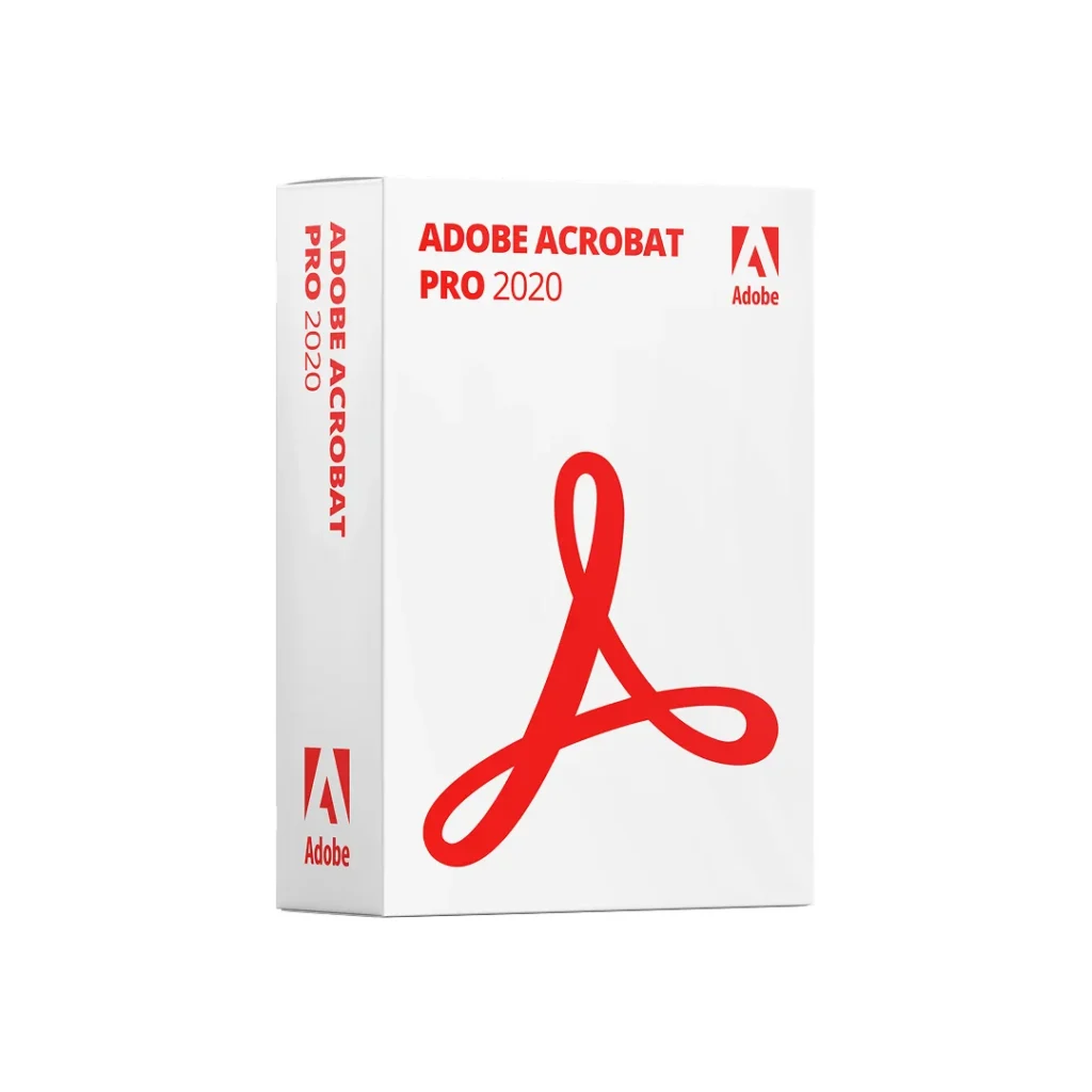 Boîte du produit Adobe Acrobat Pro 2020 sur fond blanc