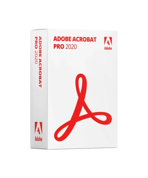 Boîte blanche du logiciel Adobe Acrobat Pro 2020 pour Windows, logo Adobe rouge et texte rouge, sur fond blanc épuré.