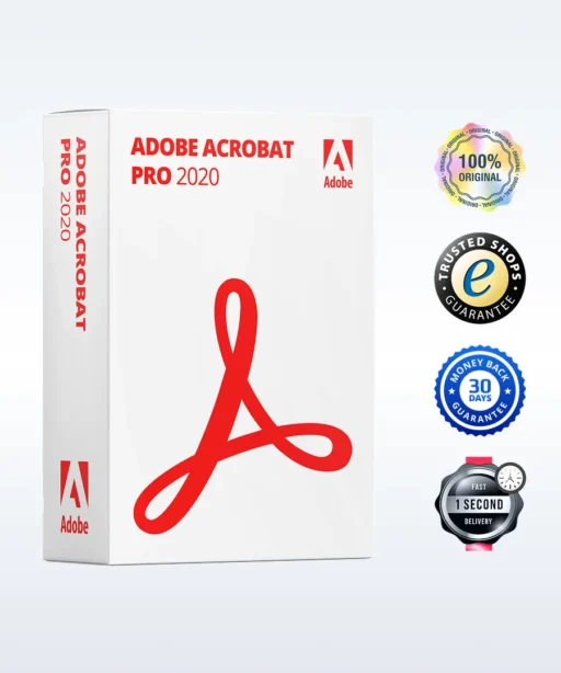 Boîte d'Adobe Acrobat Pro 2020 pour Windows avec logo Adobe et quatre badges : 100% original, boutique fiable, 30 jours remboursés, livraison ultra-rapide.