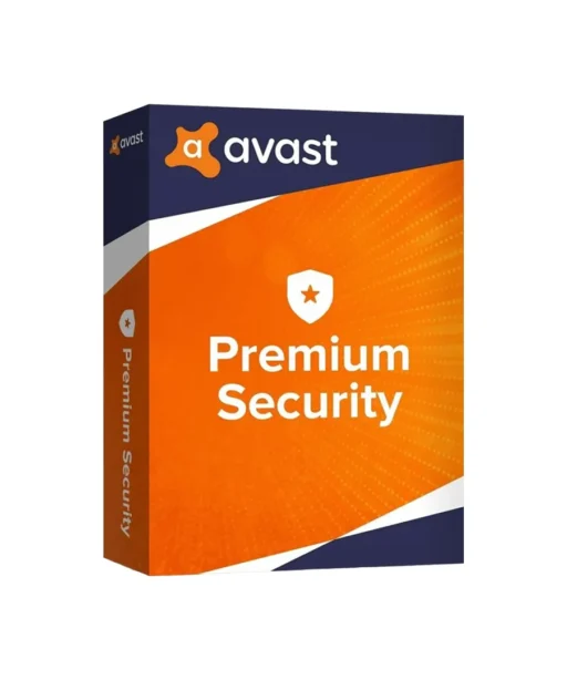 Boîte 3D d'Avast Premium Security, design orange et bleu marine, logo Avast et icône bouclier au-dessus de l'inscription Premium Security.