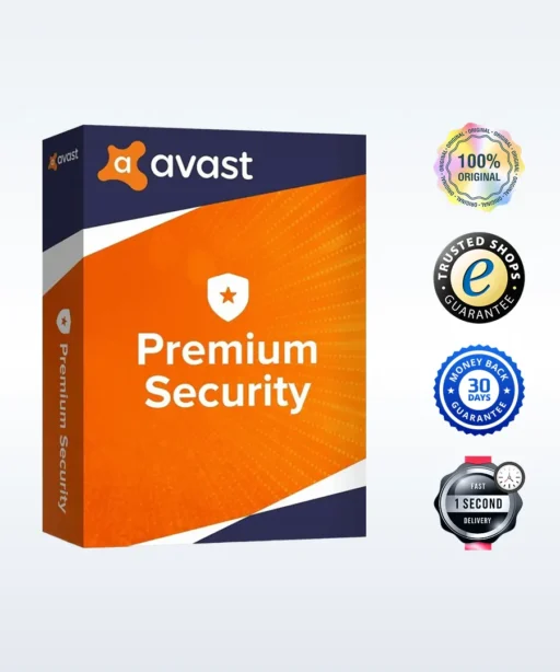 À gauche, une boîte d'Avast Premium Security ; à droite, quatre badges : 100% Original, Garantie Trusted Shops, 30 jours remboursé, livraison en 1 seconde.
