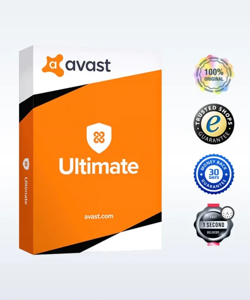 Boîte du logiciel Avast Ultimate orange et blanche à côté de quatre badges : 100% original, Trusted Shops, 30 jours remboursé, livraison en 1s.