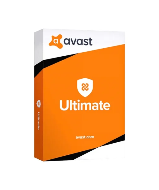 Boîte 3D d'Avast Ultimate avec design orange et blanc, logo Avast, icône bouclier, mention " Ultimate " et url avast.com visible.