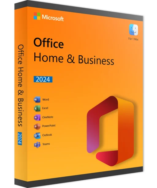 Boîte Office 2024 Home & Business pour Mac, couverture orange vif avec logo Office et icônes Word, Excel, OneNote, PowerPoint, Outlook, Teams.