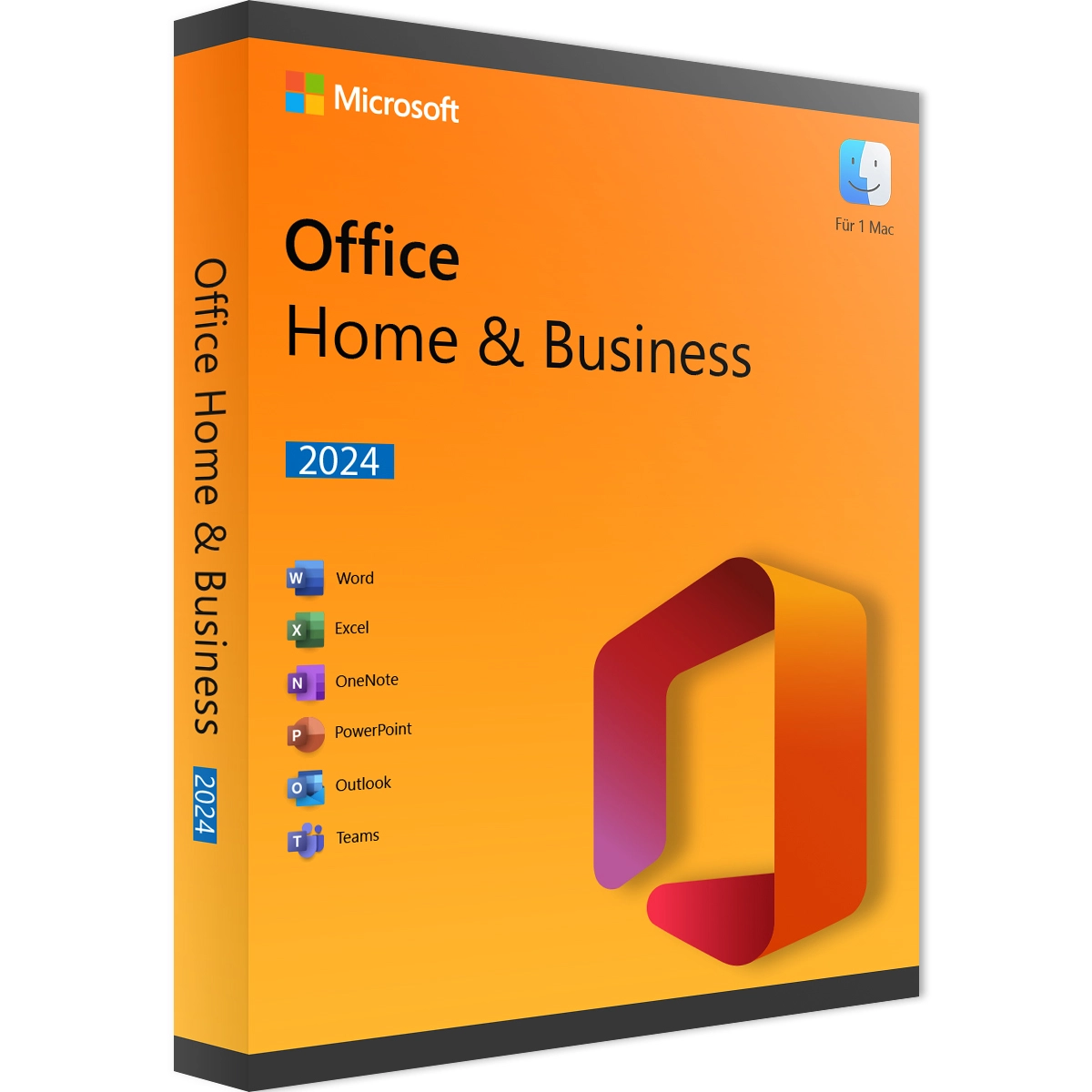Boîte Office 2024 Home & Business pour Mac, couverture orange vif avec logo Office et icônes Word, Excel, OneNote, PowerPoint, Outlook, Teams.