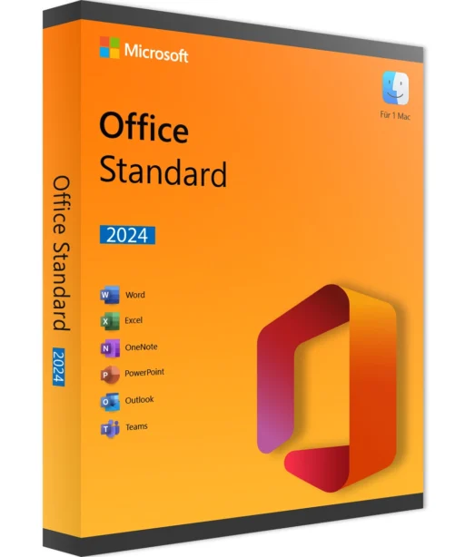 Boîte Office 2024 Standard pour Mac sur fond orange, affichant les icônes Word, Excel, OneNote, PowerPoint, Outlook et Teams.