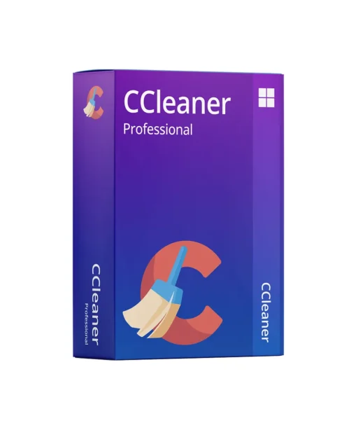 Boîte logicielle violette de CCleaner Professional, avec logo balai et icône Windows visibles en haut à droite.